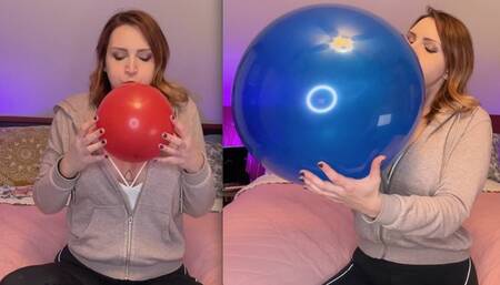 Blowing Big Red and Blue Balloons Non Pop