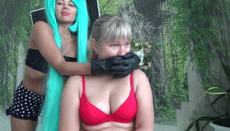 hands in leather gloves over her mouth and on her neck 7Gn