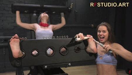 Leya actively tickles bound barefoot Astrid in stocks (UHD 4K MP4)