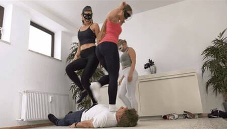 3 ladies trample his throat and body (small version)