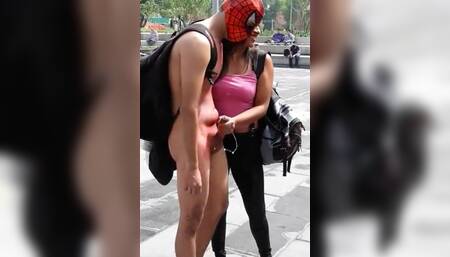 Bitch jerks off guy in public no shame