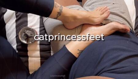 Foot massage from teddy bear footboy during smoke and chat session, pre-footjob pov2