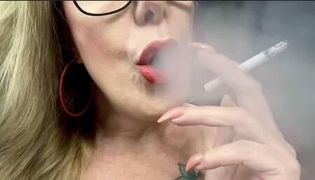 Dunhill - Close-up - Mouth Inhales and open mouth exhales, Triple Puffs, Double pumps, Smoke rings, Cough, Nose exhales, Red lipstick, Long nails