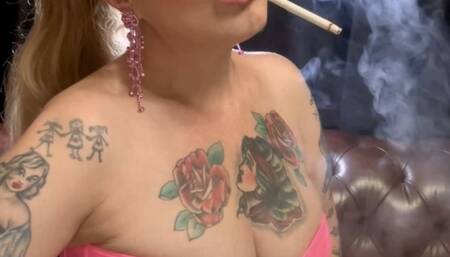 VIRGINIA SLIMS 120S - Worship - Quintuple puffs, Triple pumps, Smoke rings, Deep Inhales, Nose exhales, Residual exhales, Cough, Pink vinyl corset, Blue leather skirt, Light pink lipstick