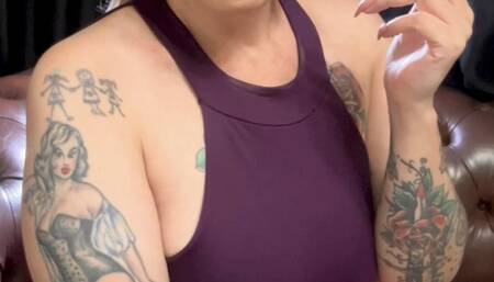 Marlboro Reds - Mouth Inhale and open mouth exhale, Deep Inhales, Triple pumps, Double puffs, Nose exhales, Smoke rings, Heavy makeup, Dark purple lipstick, Long vinyl skirt, Long nails