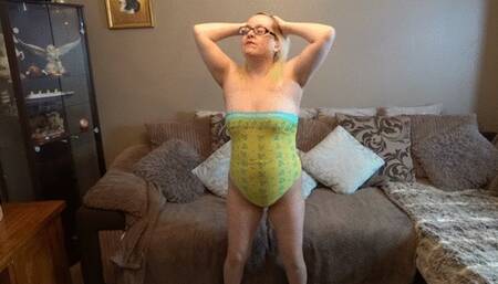 Dancing Striptease in Yellow swimsuit and Tan Pantyhose