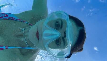 Red sheer flowing skirt, hibiscus bikini, and underwater!