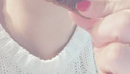 Eating a piece of carrot cake with my red mouth