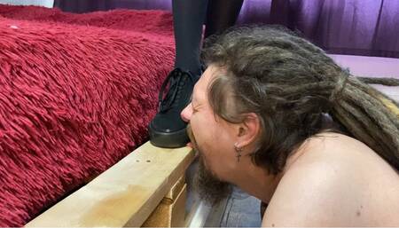 Trampling and jumping hard on My slaves cock and balls, then trampling right on his tongue