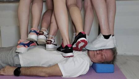 Multitrampling contest #69 (Part 2): sneakers trampling & face squeezing & triple heels jumping & crushing men between mats