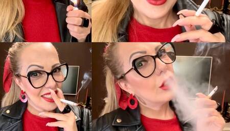 MARLBORO REDS 100S - Leather and Smoke - Mouth Inhales and open mouth exhales, Deep Inhales, Triple pumps, Multiple pumps, Nose exhales, Smoke rings, Crush, Genuine leather jacket, Vinyl boots, Red lipstick, Long nails