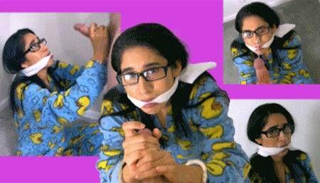 Cuffed & gagged eRica milks a cock onto her face while wearing her onesie & gives herself a facial!