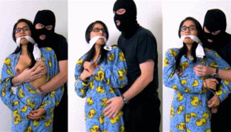 Gagged eRica gets her tits played with in her onesie and strokes his cock!!