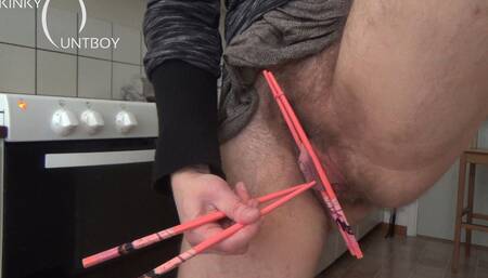 Chopsticks Agonising Kitchen Slave Pussy While Cooking