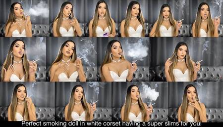 Perfect smoking doll in shiny white corset smoking a super slims 100s cigarette for you!