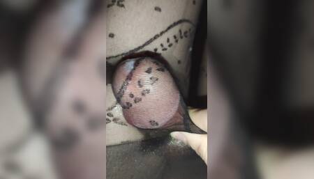 Huge Cock Is Cuming in Patterned Black Pantyhose