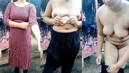 Beautiful Desi Cute Girl's Bath Scene. Showering and Dress Changing in Open Village Bathroom