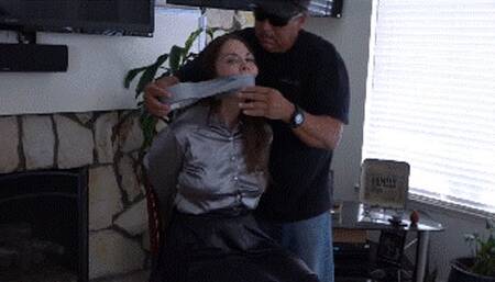 Anna Lee tightly taped up to a chair, wraparound tape gagged and blindfolded during a home invassion!