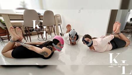 Three Dirty Socks Mouth Stuffed into Three Dirty Panty Mask WrapGagged Girls (Tape Hogtie and WrapGag)