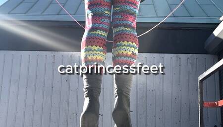 Jump rope legs in leggings, leather barefoot shoes, muscly calves, curvy milf workout at park