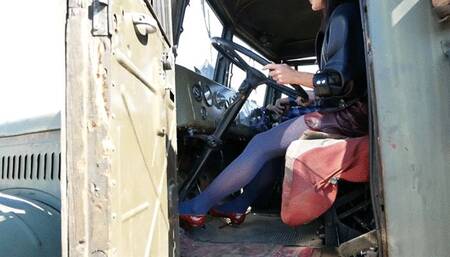 Girl in high heels tames USSR monster truck - pedal pumping