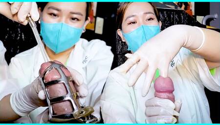 Femdom Sounding in Chastity Cage by 2 Cruel Nurses