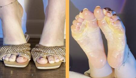 SOLES IN SHINY SANDALS GETTING OILED