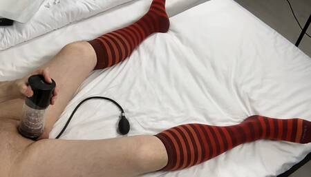 Fuck Machine, Infatable Butt Plug, Red Striped Burlington Knee-high-socks, Cumshot