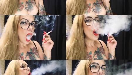 Close-up - Winston 100s - Coughing, Deep Inhales, Triple pumps, Dangling, Mouth Inhales and open mouth exhales, Nose exhales, Long drag, Red lipstick, Long red nails, vinyl bra, long hair