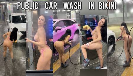 Public car wash in bikini
