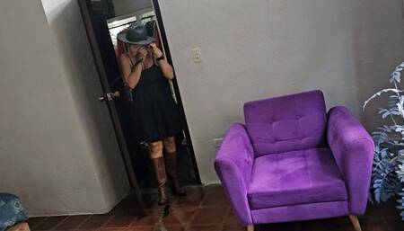 Milah Arches Scratching Fantasy on Minidress and riding boots