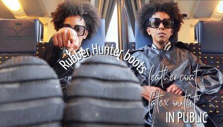 Leather coat and rubber Hunter boots exhibitionism and polishing latex outfit in public!