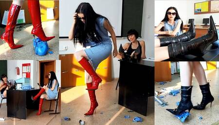 A student and a faculty member argue and smash objects with their high heels