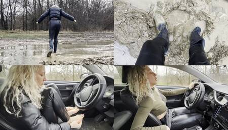 Katya in rubber boots walks in the mud, then does revving barefoot