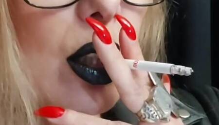 Winston 100s - Amateur video - Deep Inhales, Double pumps, Genuine leather jacket, vinyl bra, Black lipstick, Long blonde hair, Long red nails