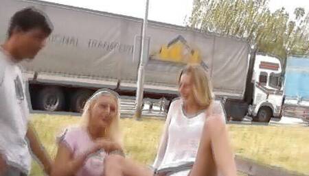 Two Sexy Blonde Sluts From Germany Sharing a Long Pecker Outdoor