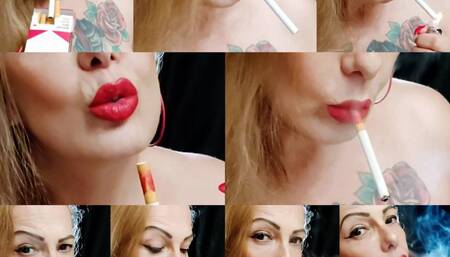 MARLBORO REDS - Close-up - Showing all the sensuality of a veteran smoker, the nicotine only did me good - Deep Inhales, Mouth Inhales and open mouth exhales, Smoke rings, Triple pumps, Double puffs, Cough, Nose exhales, Red lipstick, Long Red nails