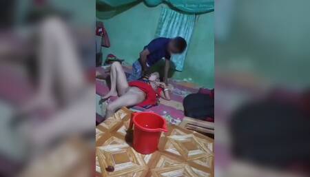 Indian Village Maid Cheating Sex with House Owner's Stepson at Night