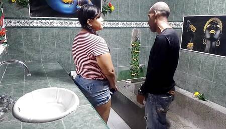 I Clean up in the Bathroom and My Boss Really Wants It so I Suck His Dick Until He Cums on My Face