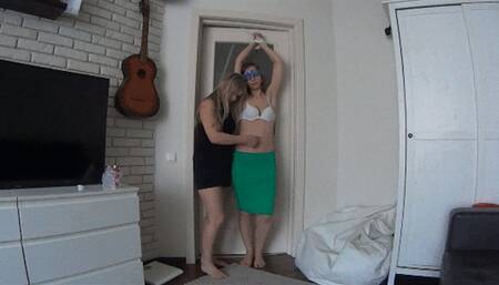 She fingering my outie belly button (blindfolded and bound against a door) BBn