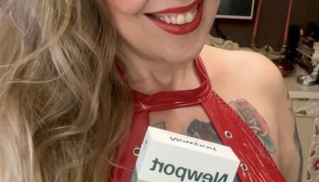 NEWPORT - The Lady in Red, all in leather and vinyl - Deep Inhales, Double pumps, Nose exhales, Coughing, Smoke rings, Crush, Pantyhose, High heels, Red lipstick, Long nails, long blonde hair