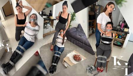 Luana & Simona: Bribes and Bondage (Duct Tape, High Heels, Boots, Watches, Crossed Hands, WrapGag, Mouth Stuffed, Chair Tied, Jeans, Dress Pants)