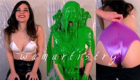 Meredith Blasted With Green Slime in Aritzia Leather Jeans