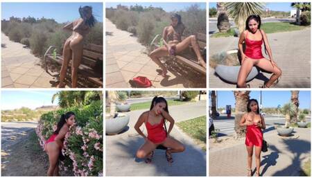 Walking in public, through the city with a dress and high heels, I take off my clothes, put oil on my body and masturbate