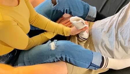 Cumshot after peeing in her sock, then she showered herselfe in his pee (artwork without audio)