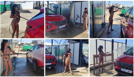 In public without clothes washing the car in gasoline