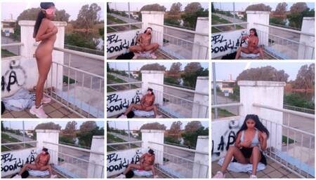 Latina, slim brunette, having fun in public