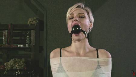 Barefoot Astrid Gets Mummified with White Bandages and Gagged Tightly