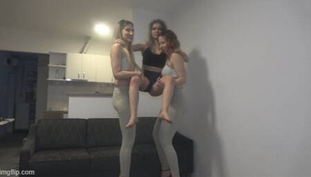 between two tall girls who make fun of her height