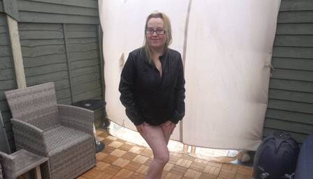Nude in leather coat Flashing in the yard